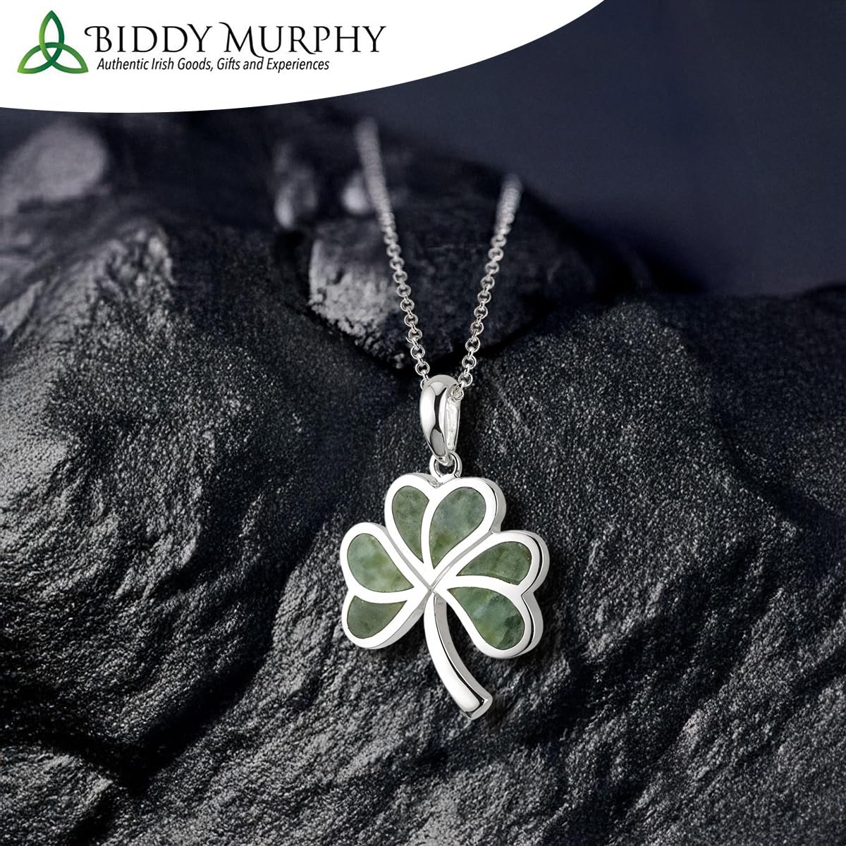 Irish Sterling Silver Connemara Marble Shamrock Necklace for Women