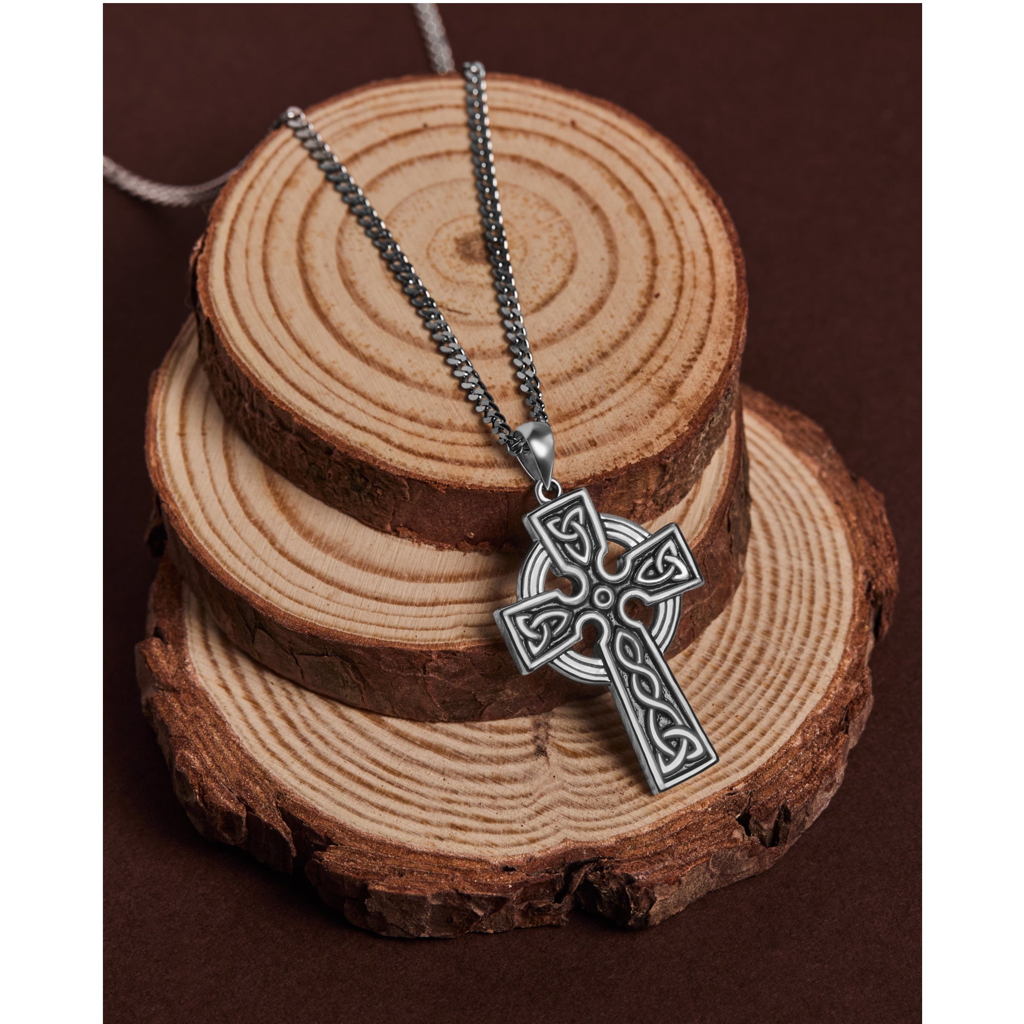 Irish Sterling Silver 2-Sided Oxidized Celtic Cross Necklace for Men