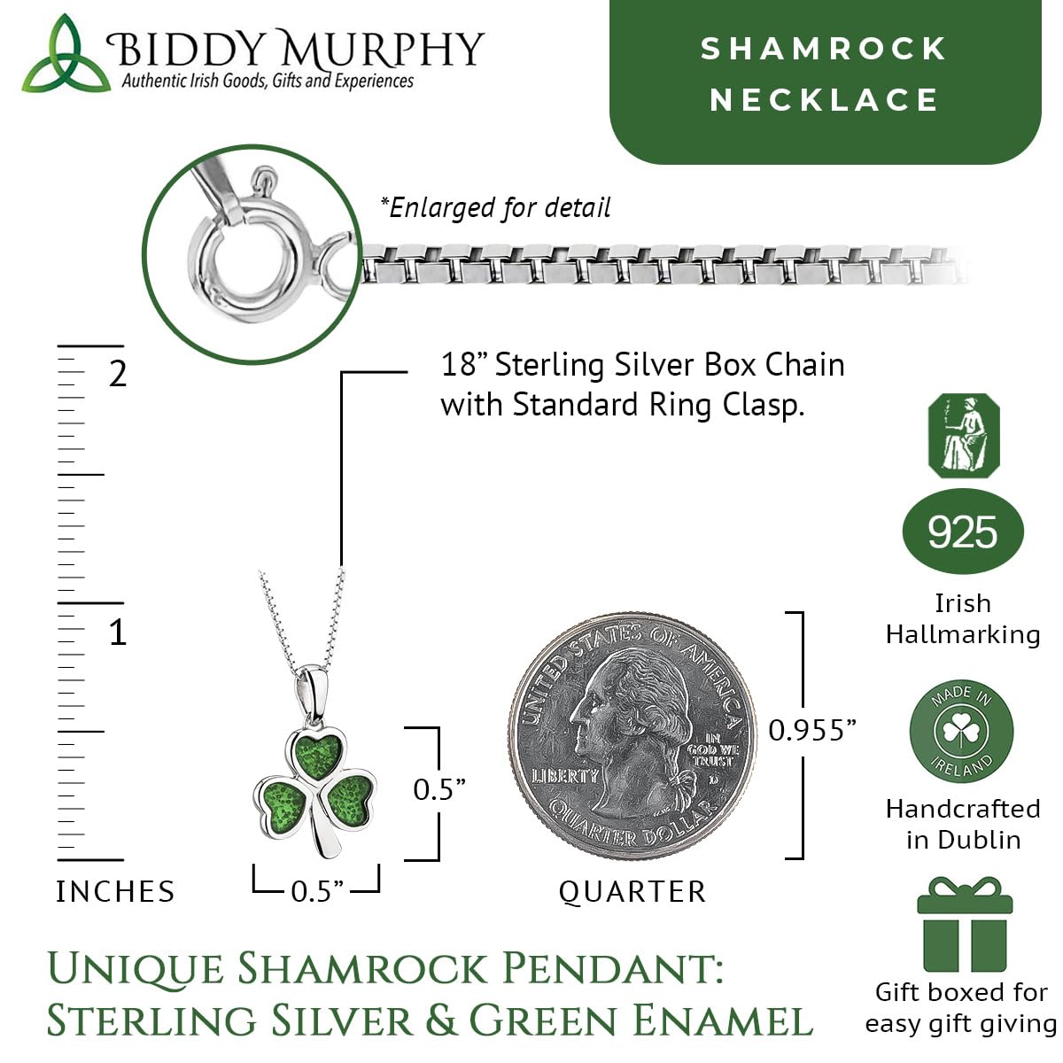 Irish Sterling Silver Shamrock Necklace with Green Enamel