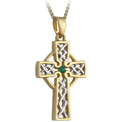 Irish Gold-Plated CZ Celtic Cross Necklace with Filigree Silver-Plated Inlay