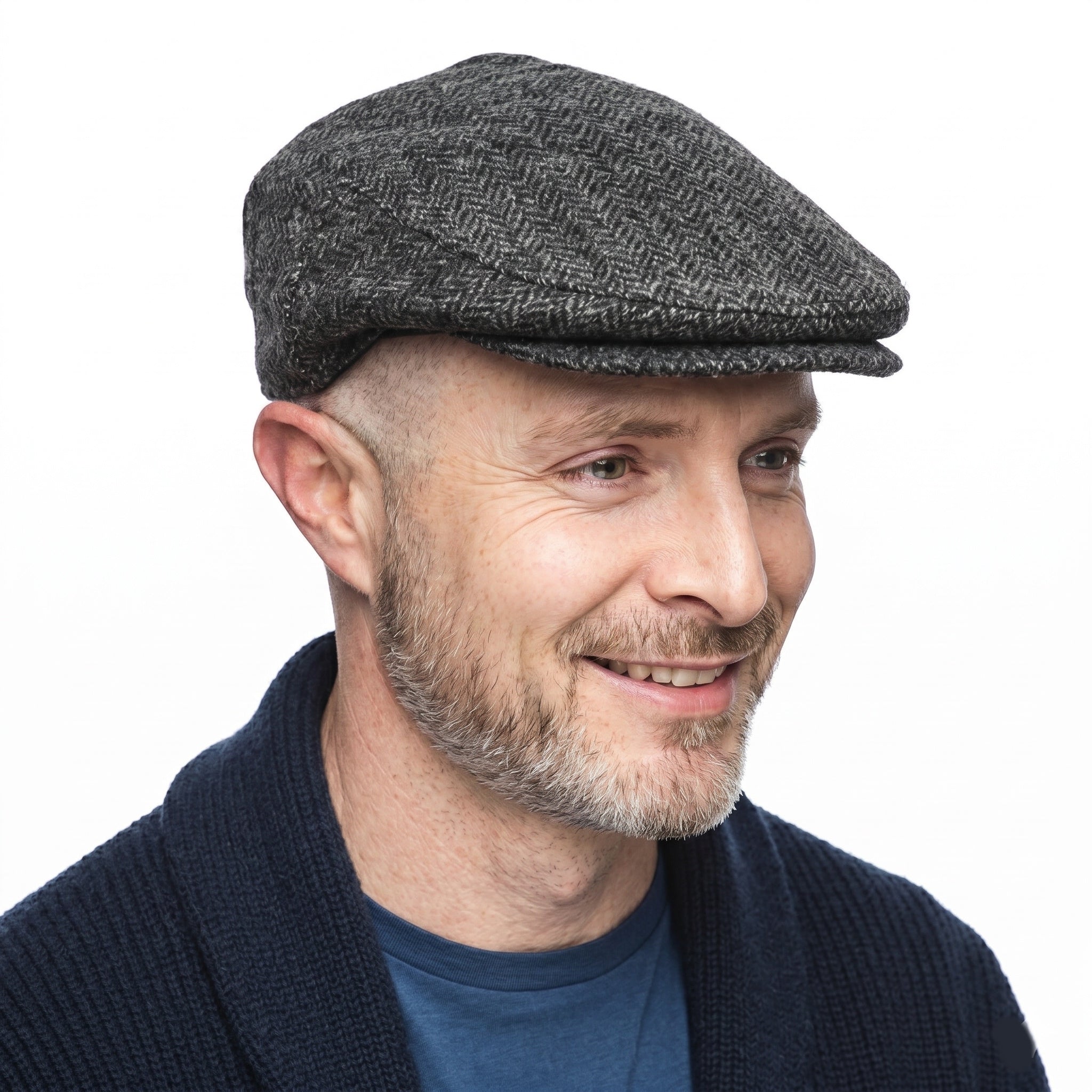 Irish Tweed Flat Cap - Gray Herringbone 100% Wool Vintage Hat