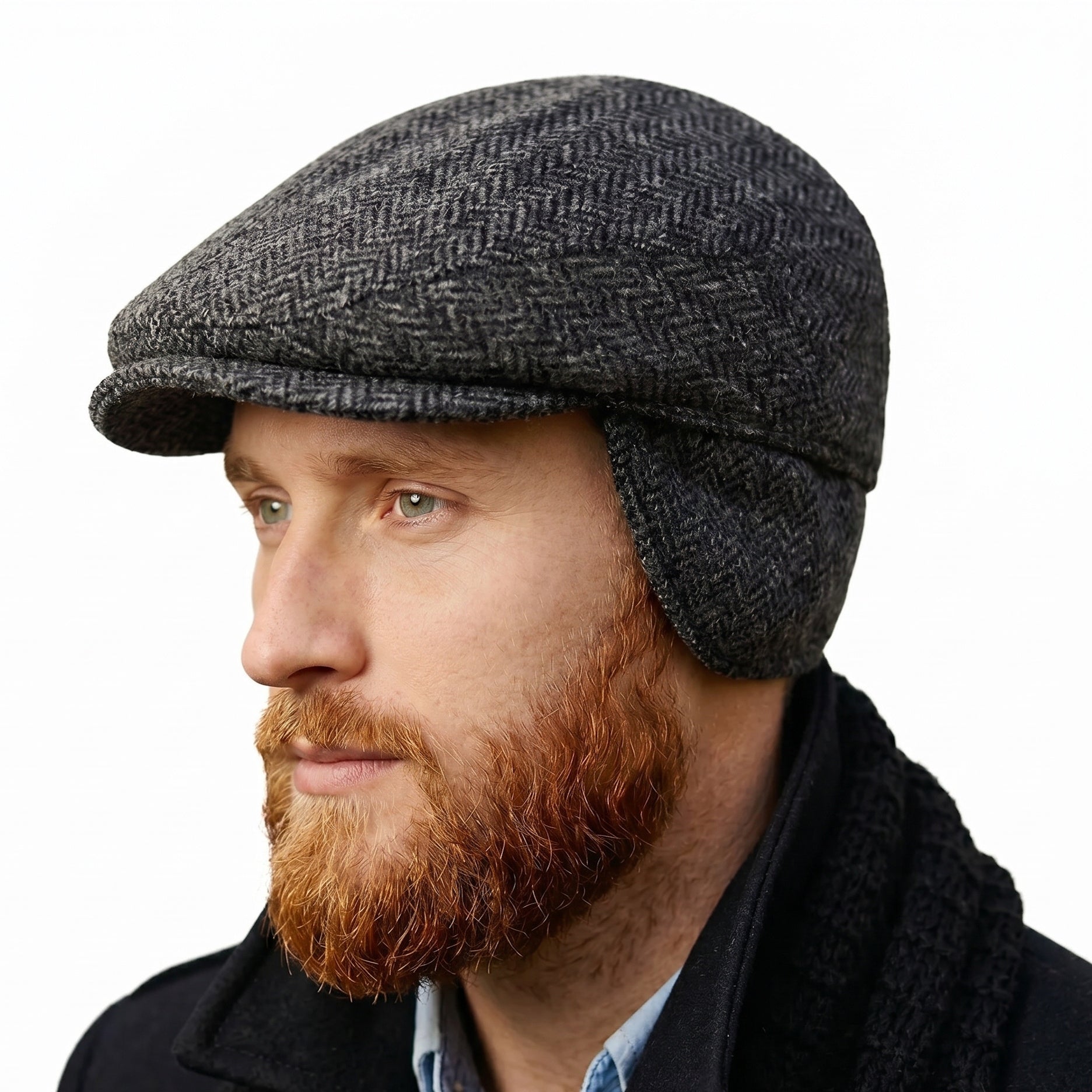 Irish 100% Wool Flat Cap with Tuck Away Ear Flaps - Grey