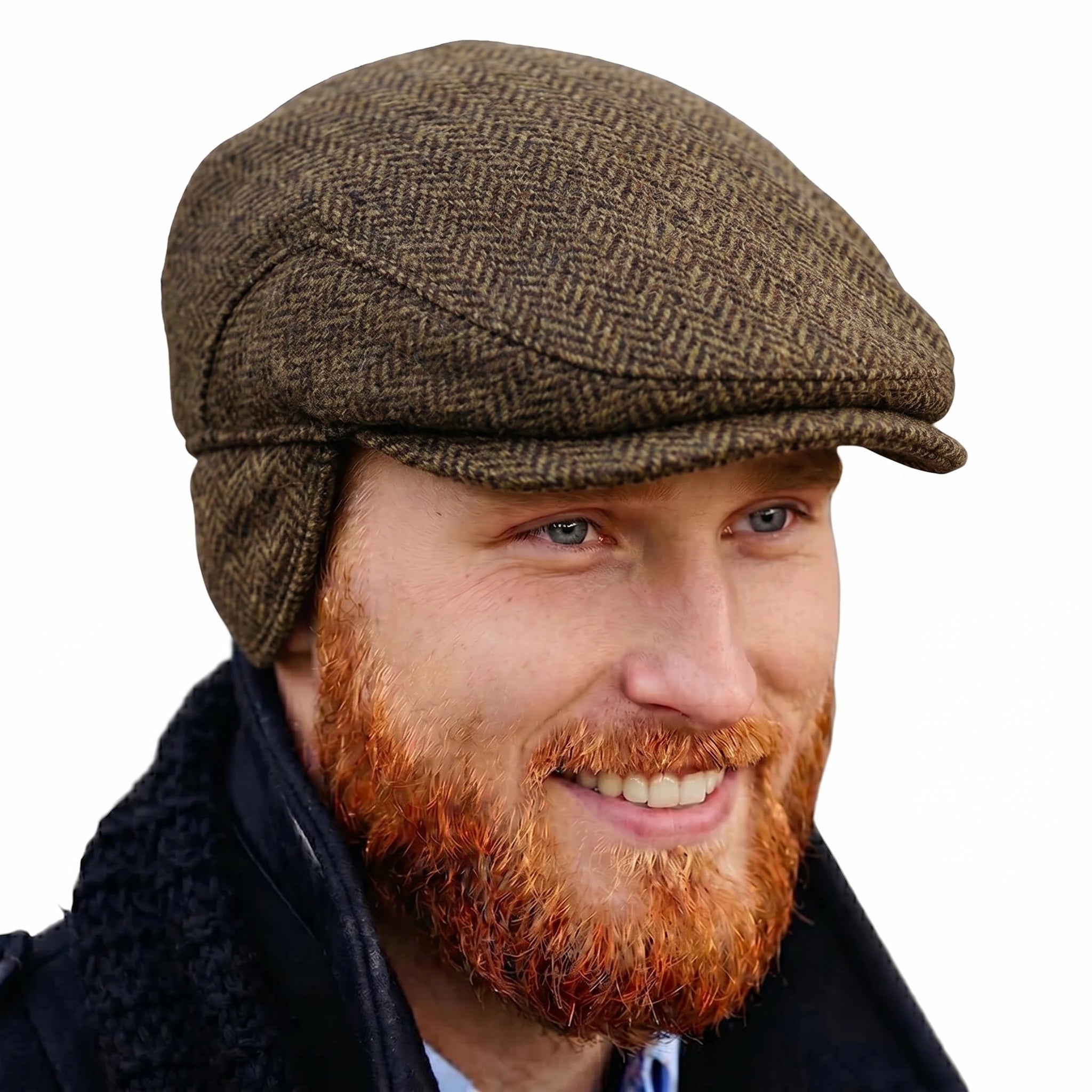 Irish 100% Wool Flat Cap with Tuck Away Ear Flaps - Brown