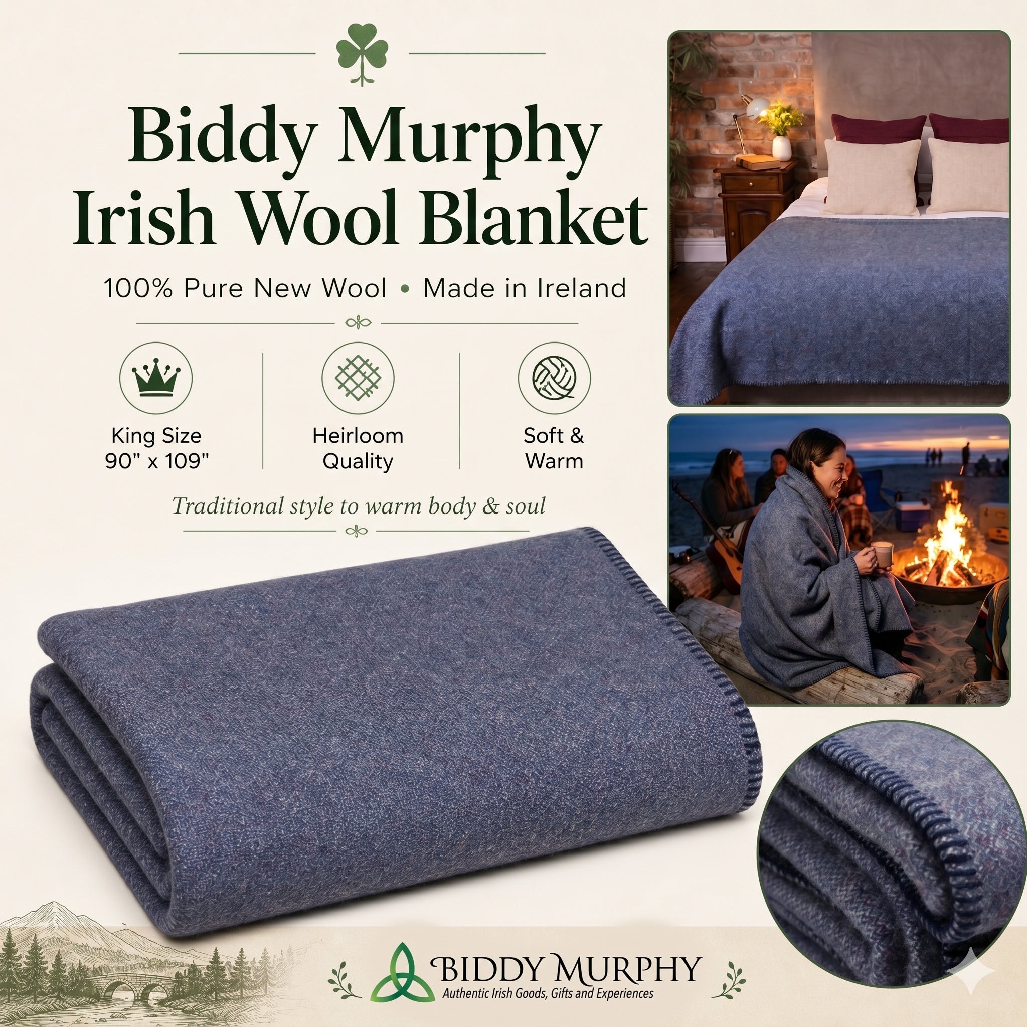 100% Irish Wool Blanket (Blackberry, Queen/King Size 108" x 90")