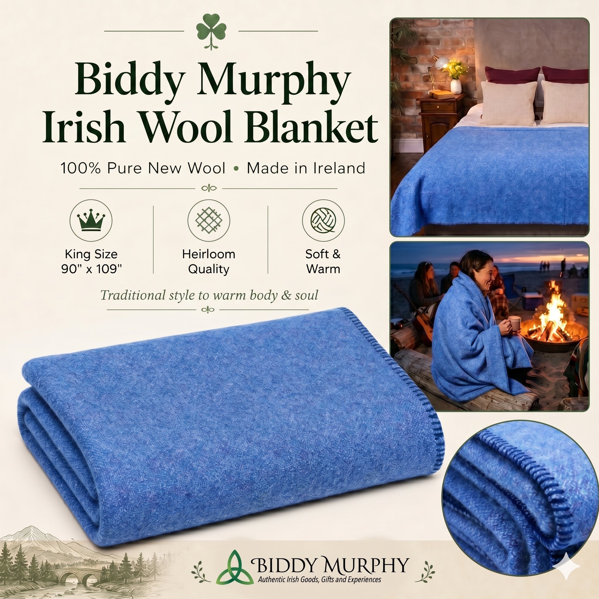 100% Irish Wool Blanket (Blue, Queen/King Size 108" x 90")
