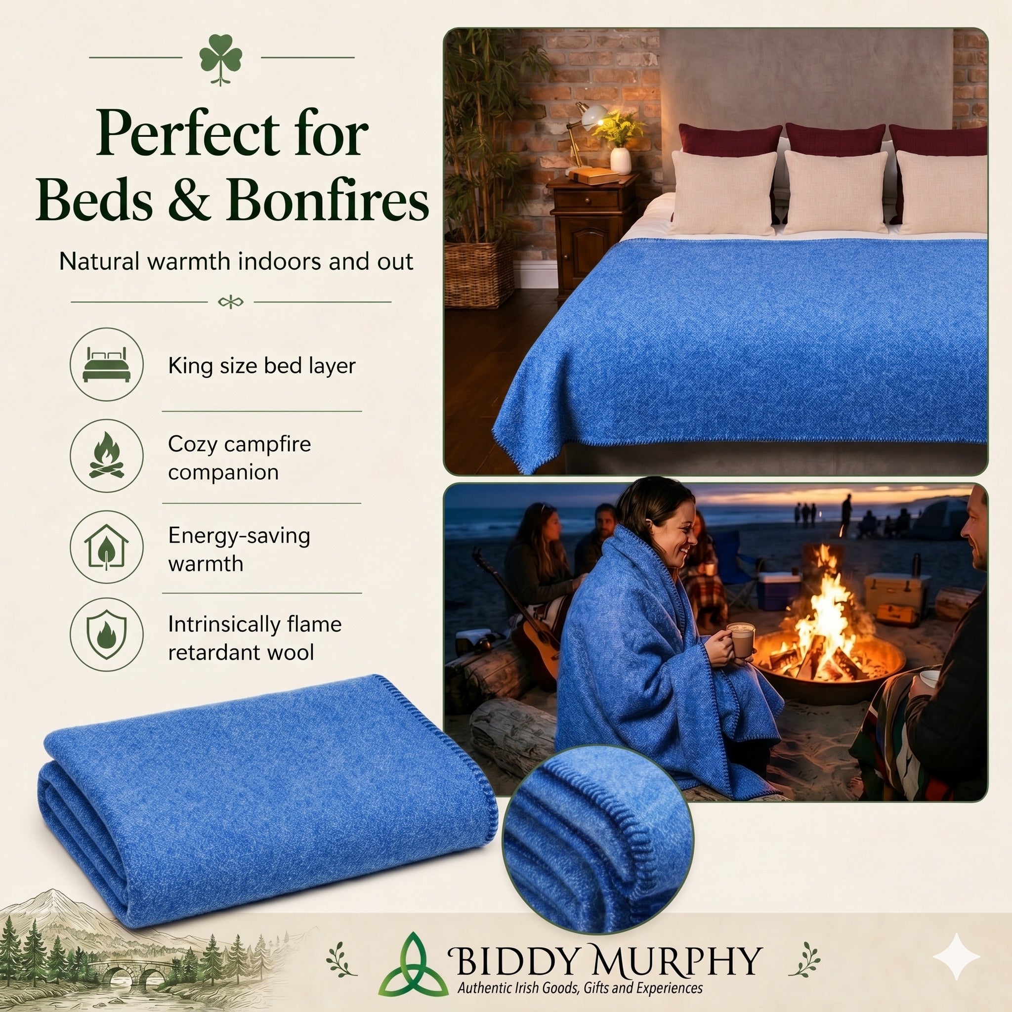 100% Irish Wool Blanket (Blue, Queen/King Size 108" x 90")