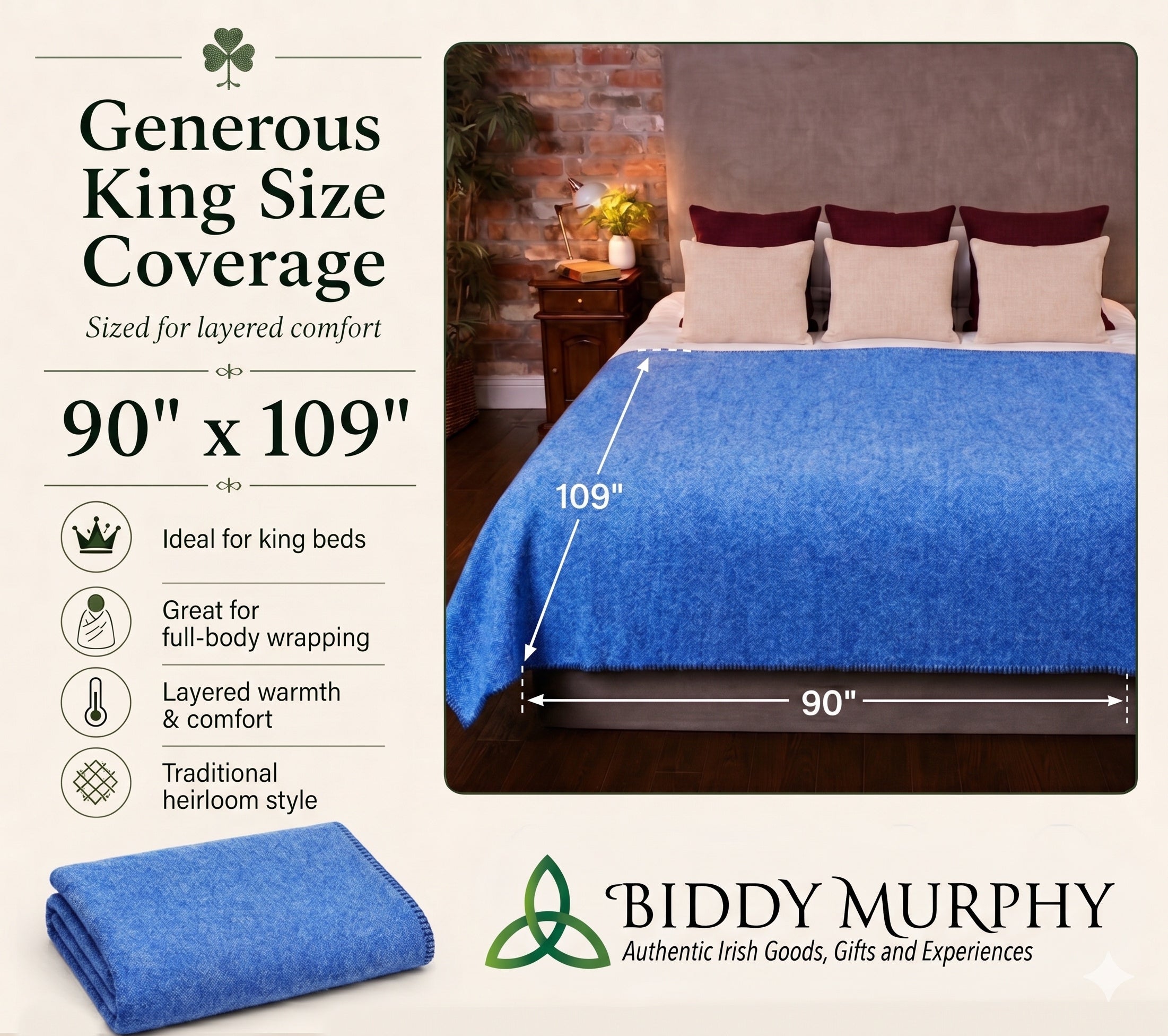 100% Irish Wool Blanket (Blue, Queen/King Size 108" x 90")