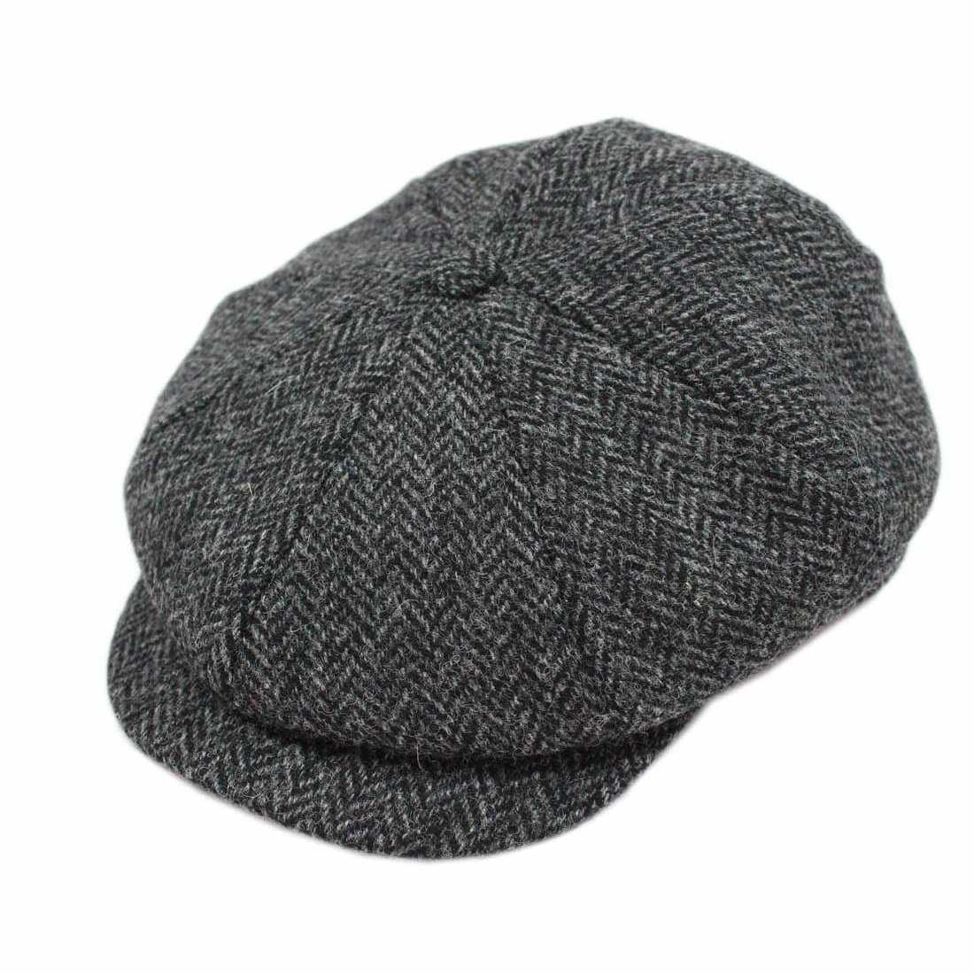 Irish 8-Panel Newsboy Cap, 100% Wool Tweed Gray Herringbone Flat Hat