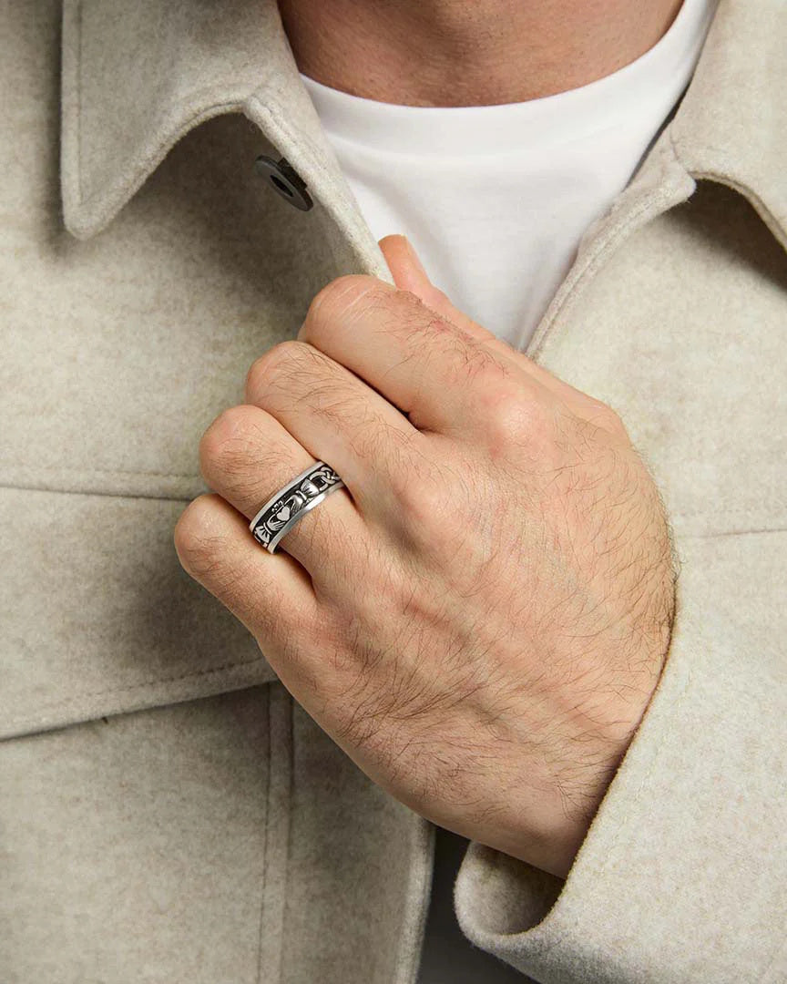 Irish Sterling Silver Oxidized Claddagh Wedding Band Groom's Ring