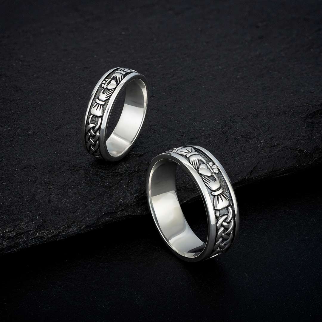 Irish Sterling Silver Oxidized Claddagh Wedding Band Groom's Ring