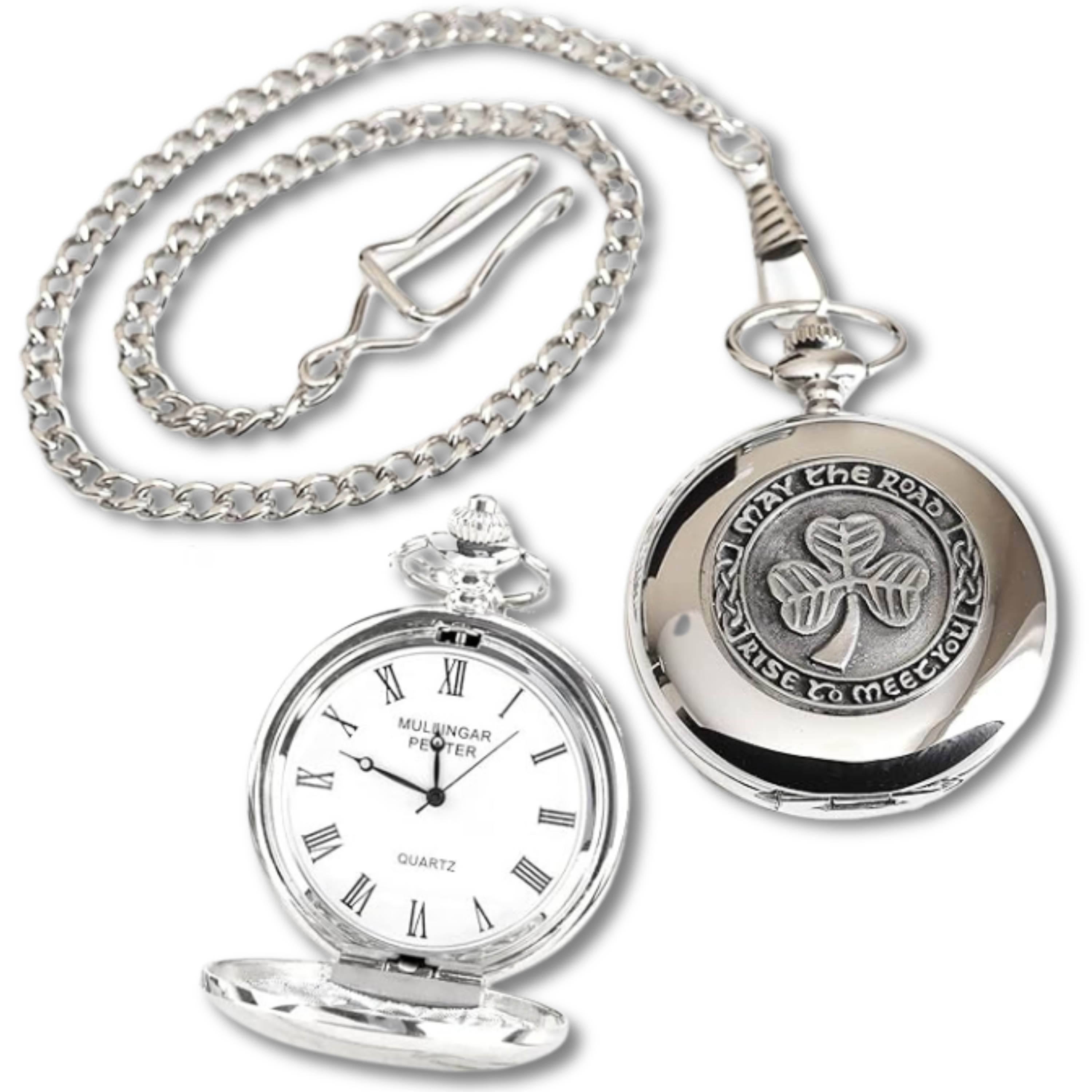 Biddy Murphy Irish Shamrock Pocket Watch – Pewter Medallion, Stainless Steel Case & Chain