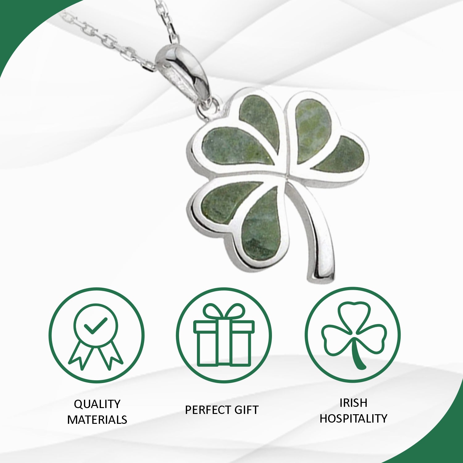 Irish Sterling Silver Connemara Marble Shamrock Necklace for Women