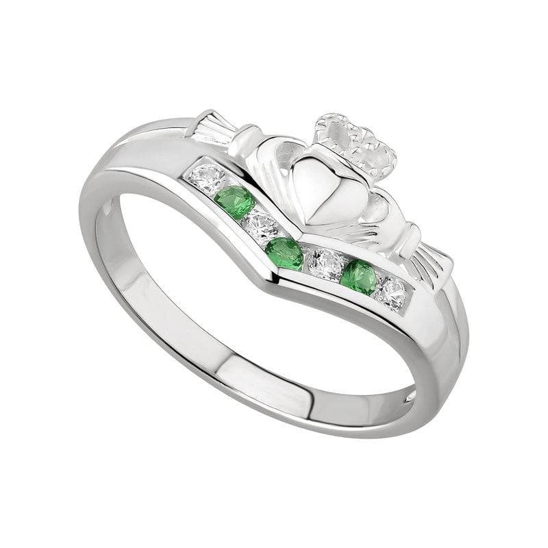 Irish Sterling Silver Wishbone Women's Claddagh Ring with CZ Crystals
