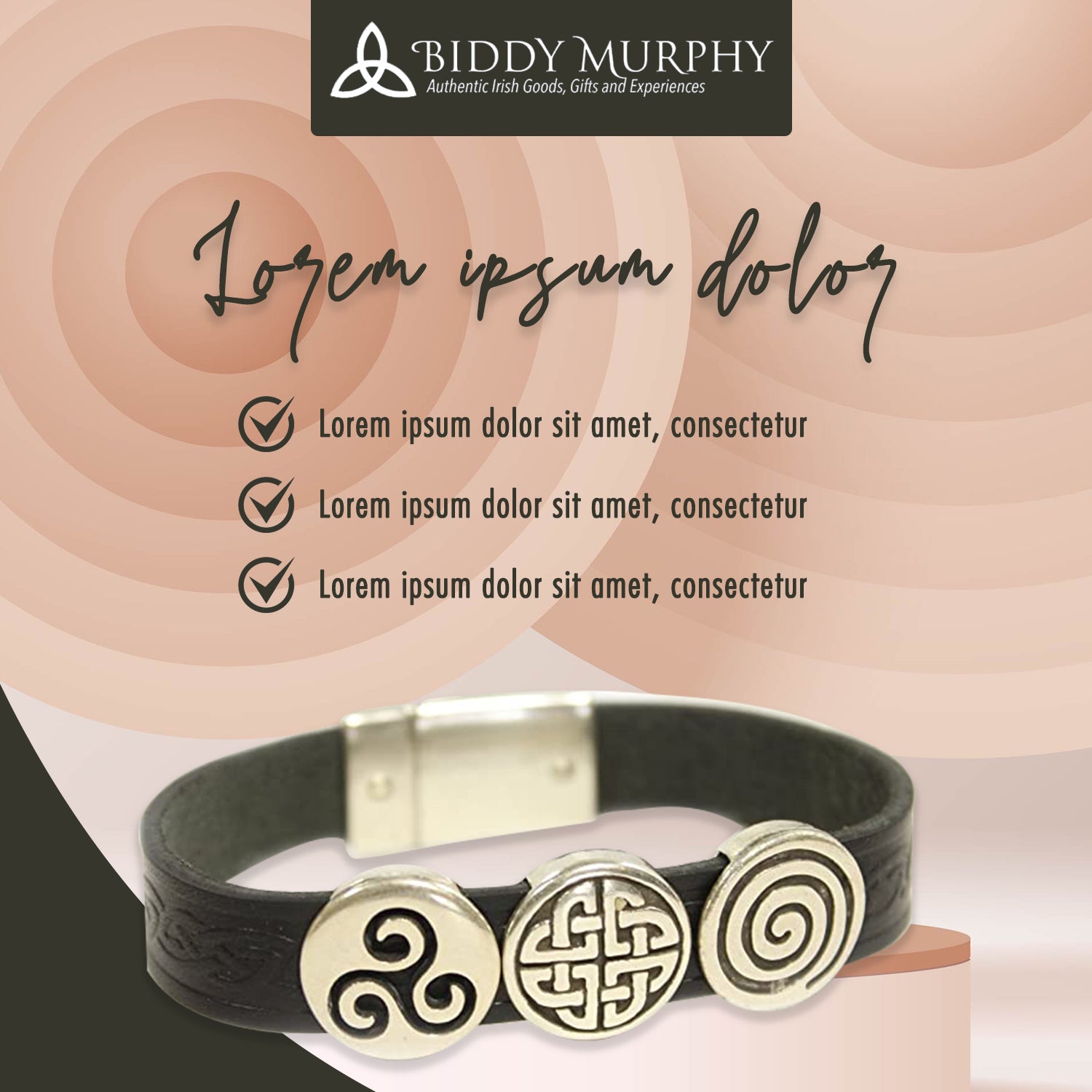 Irish Leather Celtic Silver Charms Bracelet - 7in