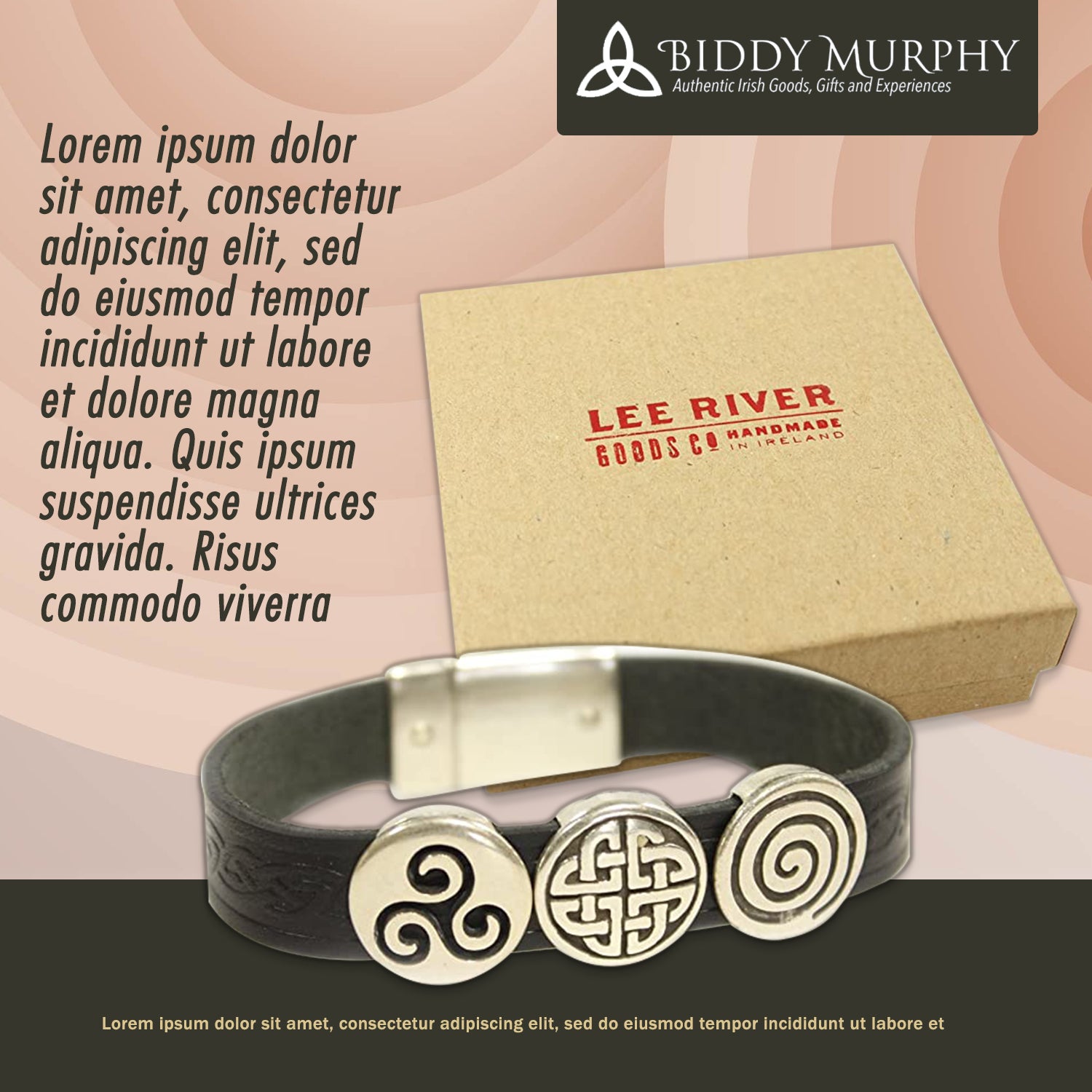 Irish Leather Celtic Silver Charms Bracelet - 7in