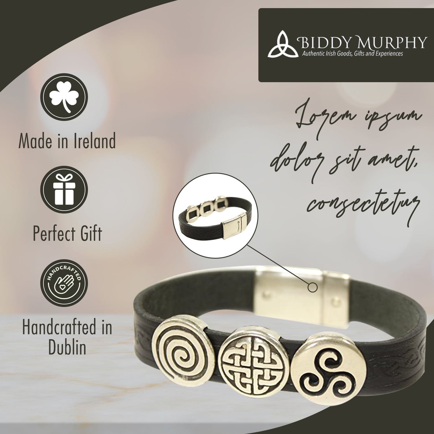 Irish Leather Celtic Silver Charms Bracelet - 7in