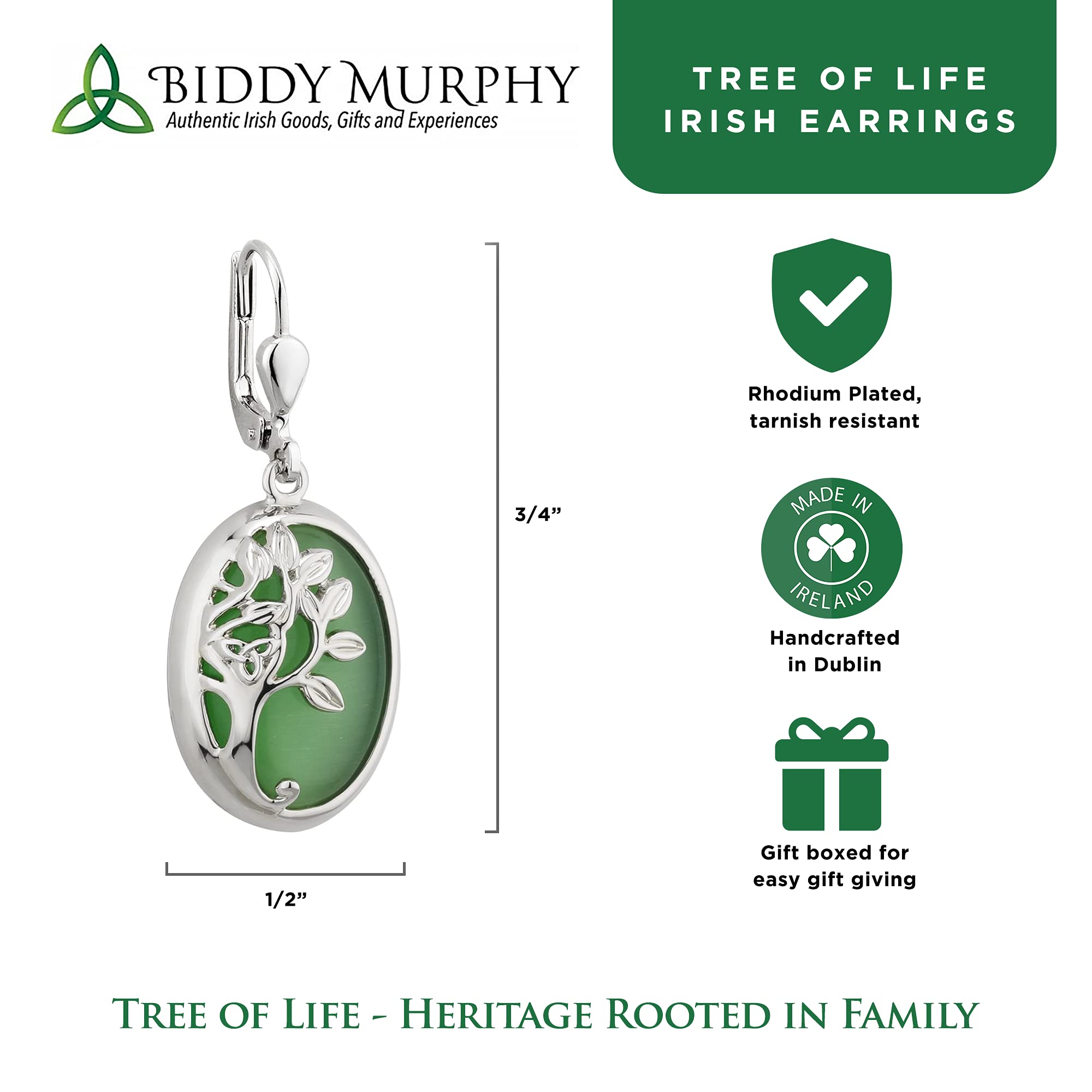 Irish Rhodium-Plated Tree of Life Drop Earrings with Green Gem Inlay