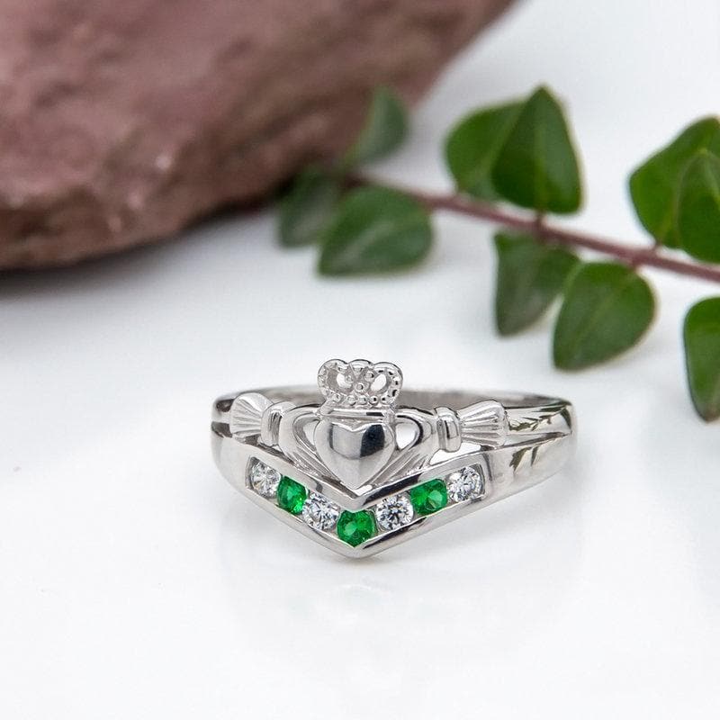 Irish Sterling Silver Wishbone Women's Claddagh Ring with CZ Crystals