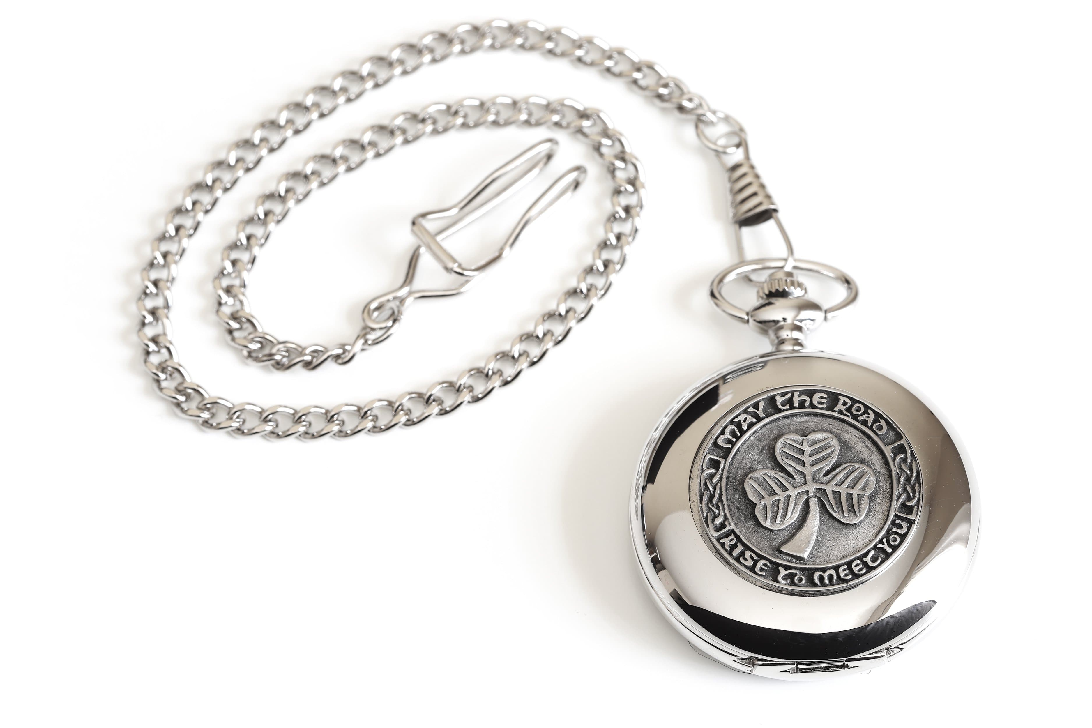Biddy Murphy Irish Shamrock Pocket Watch – Pewter Medallion, Stainless Steel Case & Chain