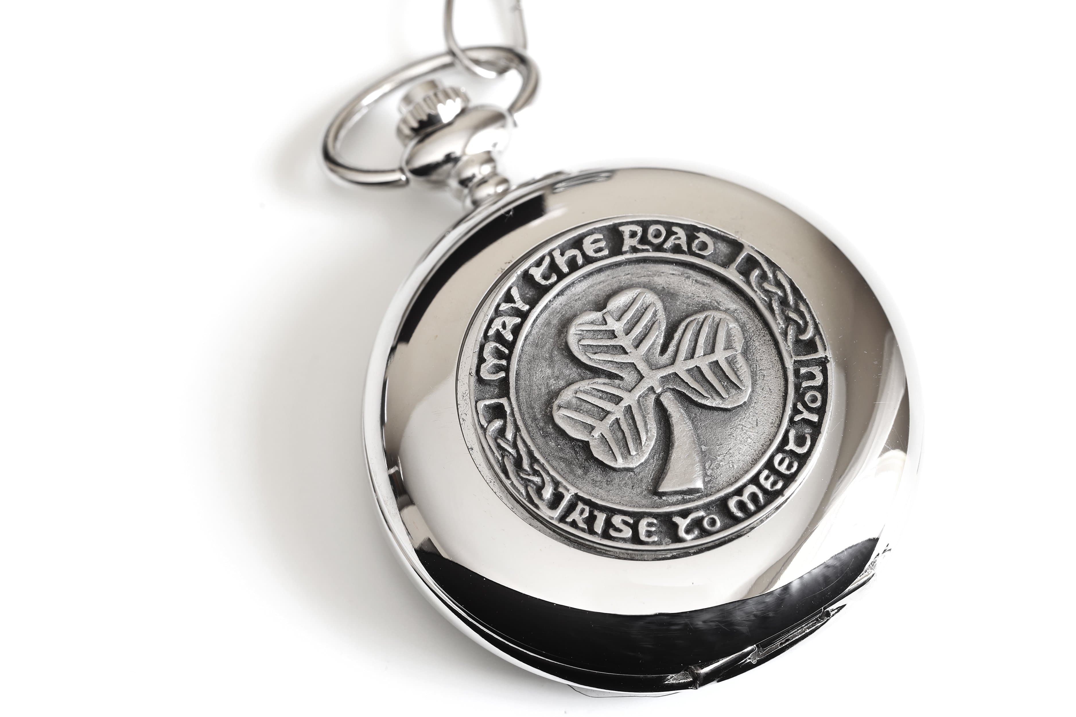 Biddy Murphy Irish Shamrock Pocket Watch – Pewter Medallion, Stainless Steel Case & Chain