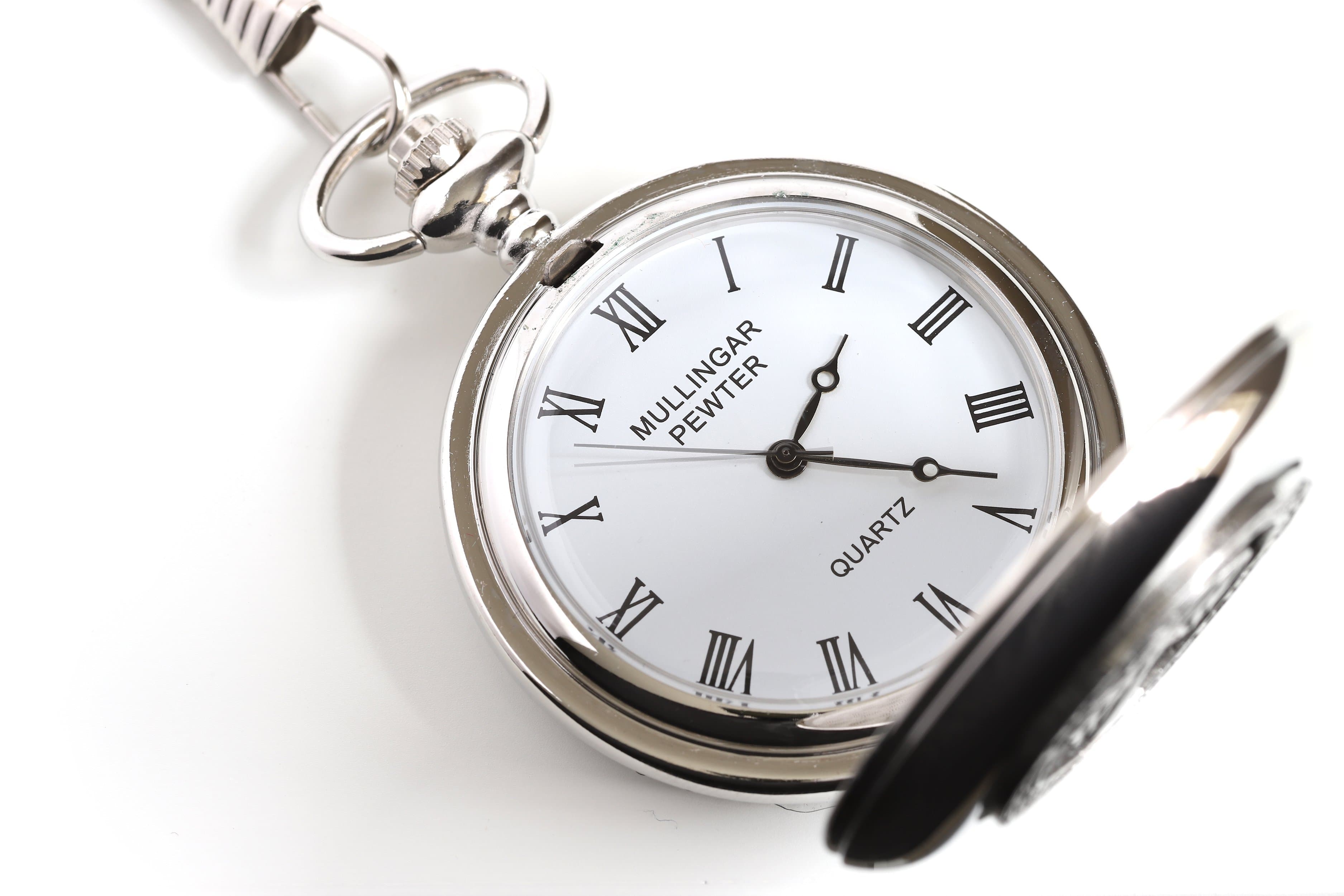 Biddy Murphy Irish Shamrock Pocket Watch – Pewter Medallion, Stainless Steel Case & Chain
