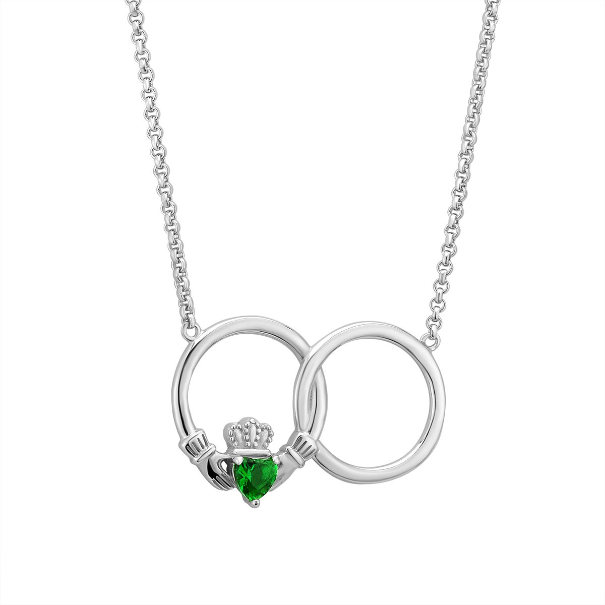 Irish Sterling Silver Claddagh Necklace with Green Crystal Heart