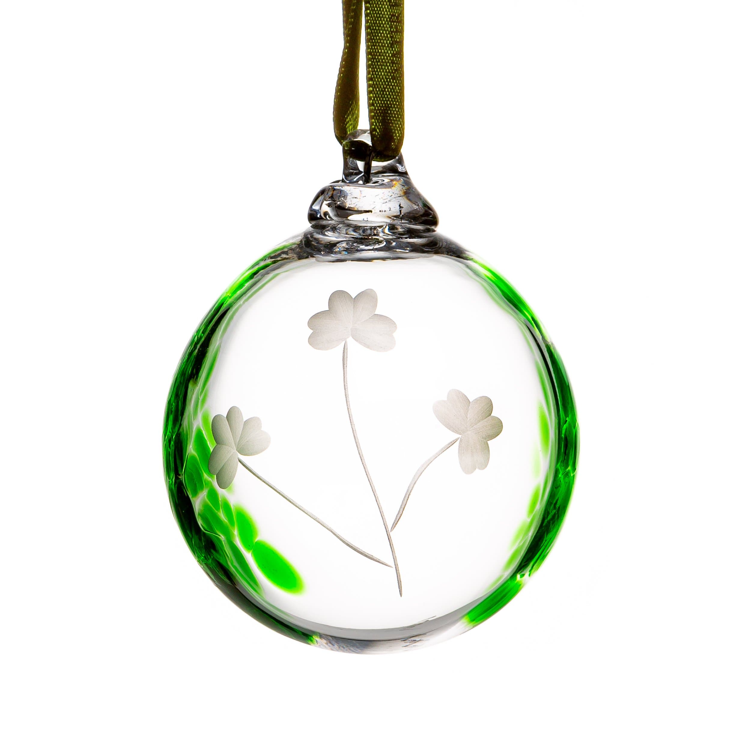 Hand-Blown Irish Shamrock Glass Bauble Hanging Ornament - Handmade Etched in Ireland