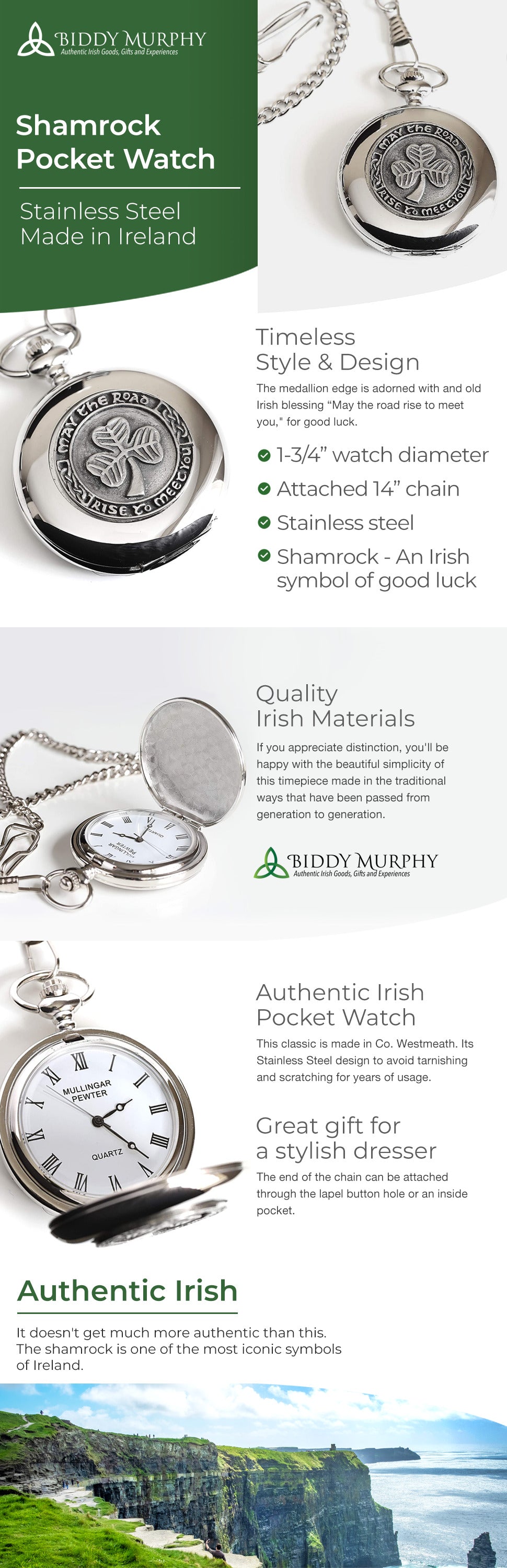 Biddy Murphy Irish Shamrock Pocket Watch – Pewter Medallion, Stainless Steel Case & Chain